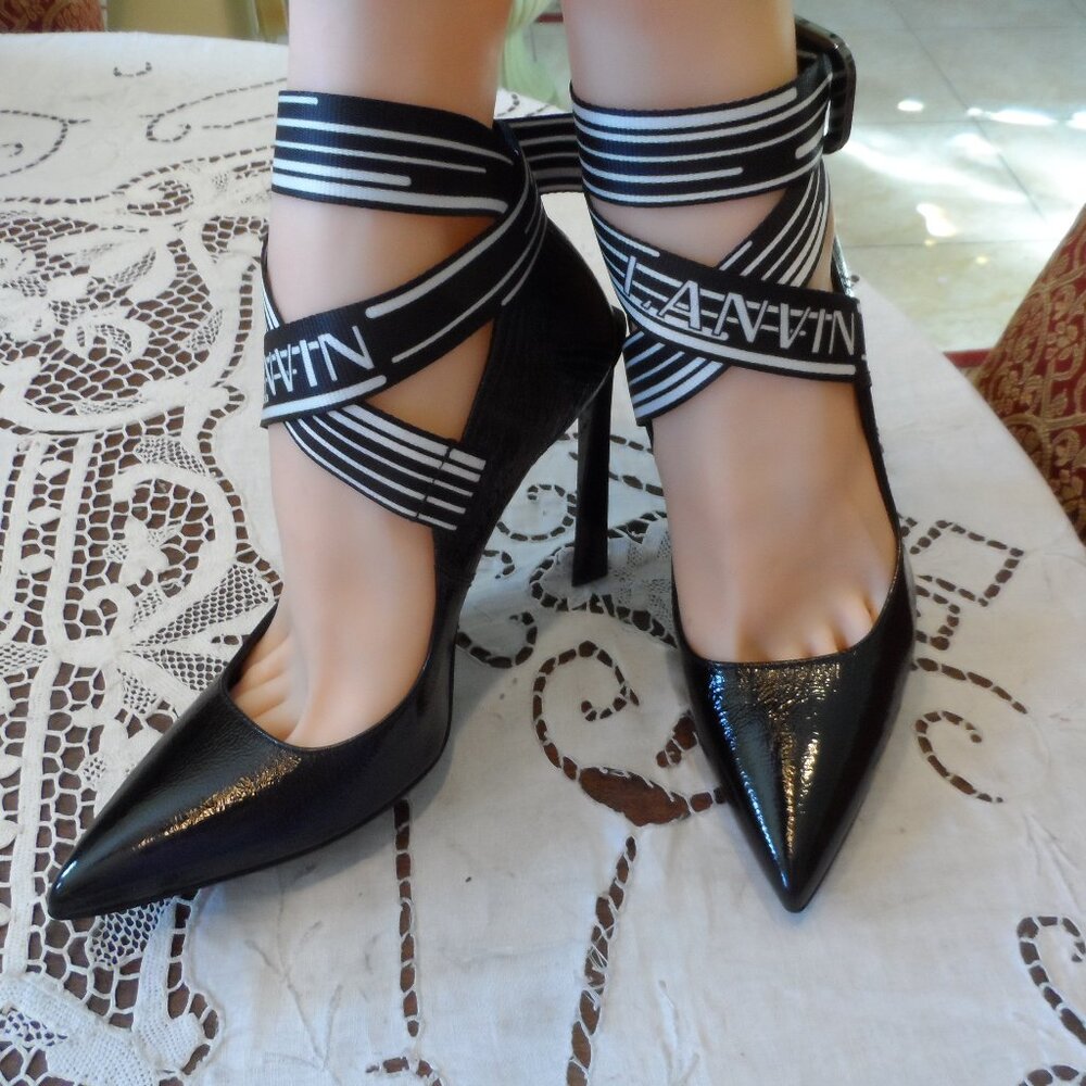 New Lanvin Black Patent Leather Pumps w/Ankle Signature Buckle Strap Size 36.5B